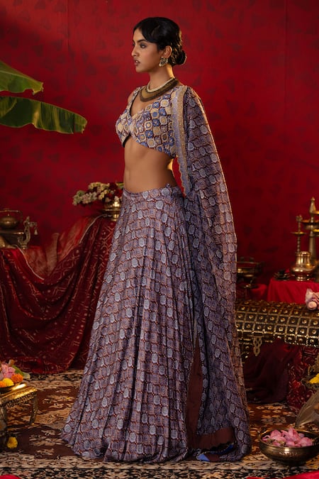 Pooja Bagaria Blue Satin, Organza Sequins, Cut Work V-neck Jaal Ajrakh Print Lehenga Set Online at Aza Fashions Pooja Bagaria_Blue Satin, Organza Sequins, Cut Work V-neck Jaal Ajrakh Print Lehenga Set _Online_at_Aza_Fashions