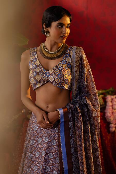 Buy Pooja Bagaria Blue Satin, Organza Sequins, Cut Work V-neck Jaal Ajrakh Print Lehenga Set Online at Aza Fashions Buy_Pooja Bagaria_Blue Satin, Organza Sequins, Cut Work V-neck Jaal Ajrakh Print Lehenga Set _Online_at_Aza_Fashions