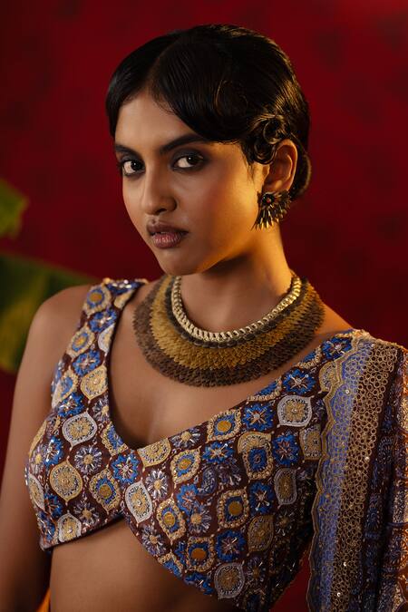 Shop Pooja Bagaria Blue Satin, Organza Sequins, Cut Work V-neck Jaal Ajrakh Print Lehenga Set Online at Aza Fashions Shop_Pooja Bagaria_Blue Satin, Organza Sequins, Cut Work V-neck Jaal Ajrakh Print Lehenga Set _Online_at_Aza_Fashions