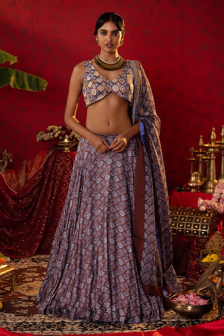 Pooja Bagaria Jaal Ajrakh Print Lehenga Set 