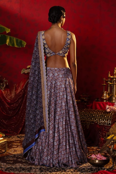 Shop Pooja Bagaria Blue Satin, Organza Sequins, Cut Work V-neck Jaal Ajrakh Print Lehenga Set at Aza Fashions Shop_Pooja Bagaria_Blue Satin, Organza Sequins, Cut Work V-neck Jaal Ajrakh Print Lehenga Set _at_Aza_Fashions