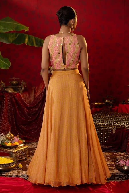 Pooja Bagaria Floral Vine Ajrakh Print Lehenga Set 