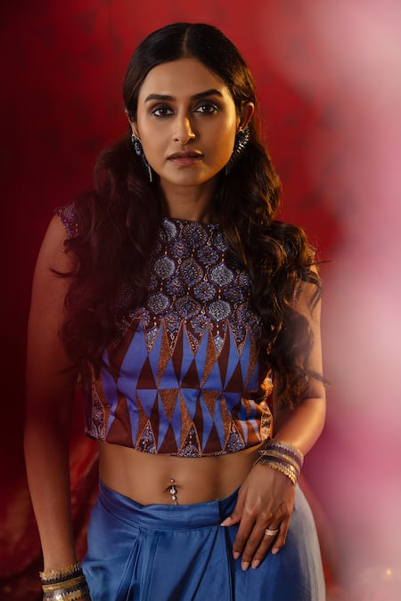 Buy_Pooja Bagaria_Blue Linen Zari Round Neck Ajrakh Print Crop Top With Draped Skirt _Online_at_Aza_Fashions