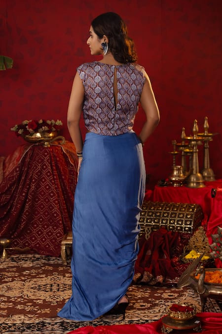 Pooja Bagaria Ajrakh Print Crop Top With Draped Skirt 