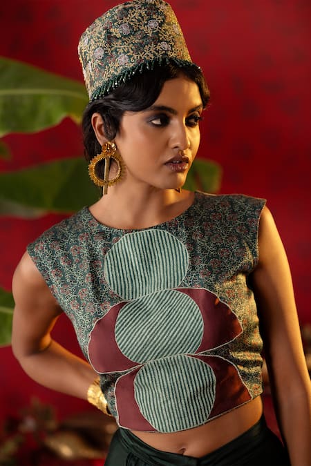 Buy Pooja Bagaria Emerald Green Linen Embroidery, Ajrakh Print Crop Top With Solid Draped Skirt Online at Aza Fashions Buy_Pooja Bagaria_Emerald Green Linen Embroidery, Ajrakh Print Crop Top With Solid Draped Skirt _Online_at_Aza_Fashions