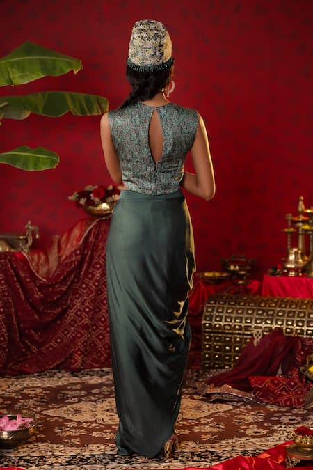 Pooja Bagaria Ajrakh Print Crop Top With Solid Draped Skirt 