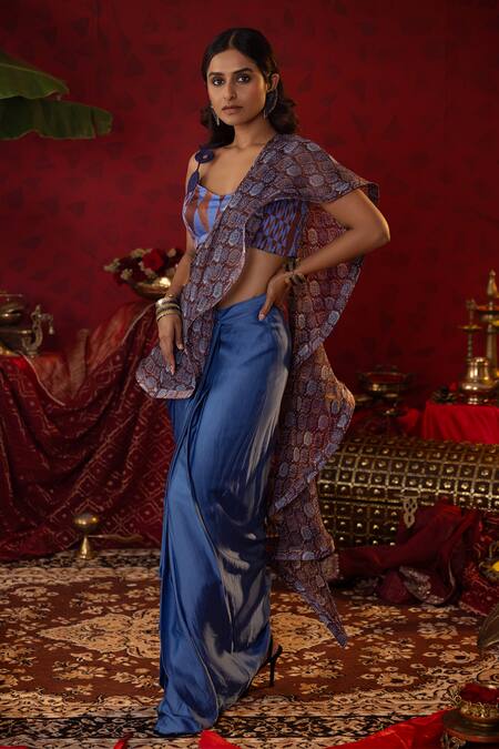 Buy Pooja Bagaria Blue Satin, Linen, Waterfall Pre-draped Saree Set With Printed Ruffle Drape Online at Aza Fashions Buy_Pooja Bagaria_Blue Satin, Linen, Waterfall Pre-draped Saree Set With Printed Ruffle Drape _Online_at_Aza_Fashions