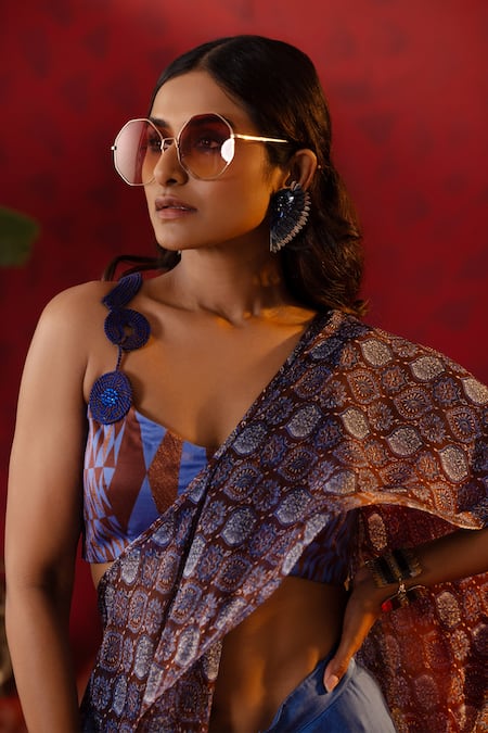 Shop Pooja Bagaria Blue Satin, Linen, Waterfall Pre-draped Saree Set With Printed Ruffle Drape Online at Aza Fashions Shop_Pooja Bagaria_Blue Satin, Linen, Waterfall Pre-draped Saree Set With Printed Ruffle Drape _Online_at_Aza_Fashions