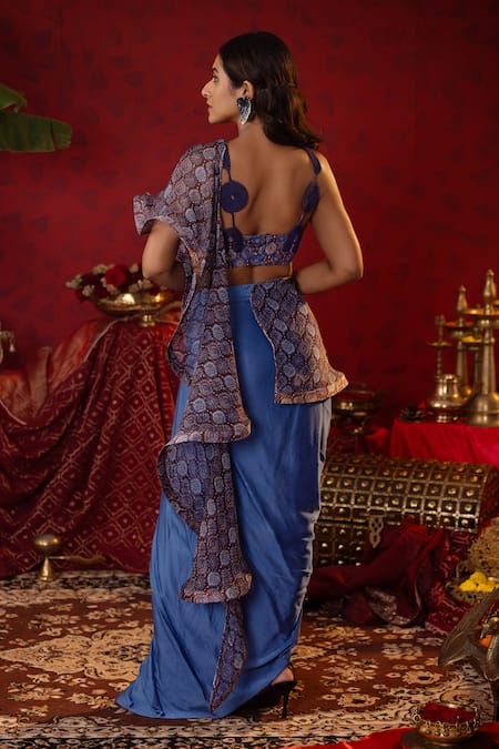 Shop Pooja Bagaria Blue Satin, Linen, Waterfall Pre-draped Saree Set With Printed Ruffle Drape at Aza Fashions Shop_Pooja Bagaria_Blue Satin, Linen, Waterfall Pre-draped Saree Set With Printed Ruffle Drape _at_Aza_Fashions