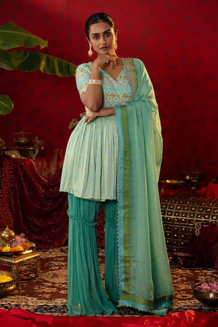 Pooja Bagaria Green Satin, Organza, Linen Floral Ajrakh Print Short Angrakha Anarkali Set Online at Aza Fashions Pooja Bagaria_Green Satin, Organza, Linen Floral Ajrakh Print Short Angrakha Anarkali Set _Online_at_Aza_Fashions