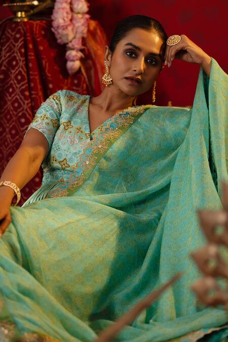 Shop Pooja Bagaria Green Satin, Organza, Linen Floral Ajrakh Print Short Angrakha Anarkali Set Online at Aza Fashions Shop_Pooja Bagaria_Green Satin, Organza, Linen Floral Ajrakh Print Short Angrakha Anarkali Set _Online_at_Aza_Fashions