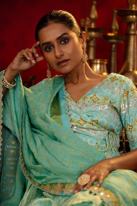 Pooja Bagaria Green Satin, Organza, Linen Floral Ajrakh Print Short Angrakha Anarkali Set at Aza Fashions Pooja Bagaria_Green Satin, Organza, Linen Floral Ajrakh Print Short Angrakha Anarkali Set _at_Aza_Fashions