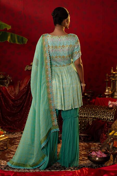 Shop Pooja Bagaria Green Satin, Organza, Linen Floral Ajrakh Print Short Angrakha Anarkali Set at Aza Fashions Shop_Pooja Bagaria_Green Satin, Organza, Linen Floral Ajrakh Print Short Angrakha Anarkali Set _at_Aza_Fashions