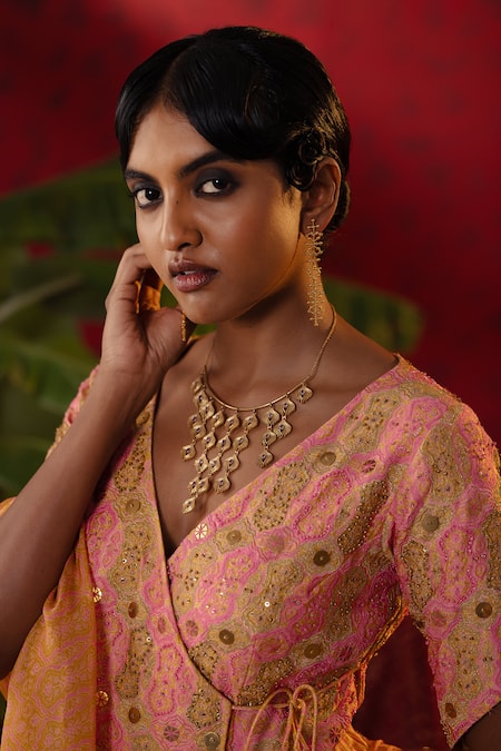 Pooja Bagaria Gold Satin, Organza, Linen Blossom Ajrakh Print Short Angrakha Anarkali Set Online at Aza Fashions Pooja Bagaria_Gold Satin, Organza, Linen Blossom Ajrakh Print Short Angrakha Anarkali Set _Online_at_Aza_Fashions