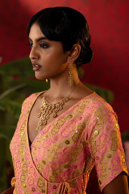 Buy Pooja Bagaria Gold Satin, Organza, Linen Blossom Ajrakh Print Short Angrakha Anarkali Set Online at Aza Fashions Buy_Pooja Bagaria_Gold Satin, Organza, Linen Blossom Ajrakh Print Short Angrakha Anarkali Set _Online_at_Aza_Fashions