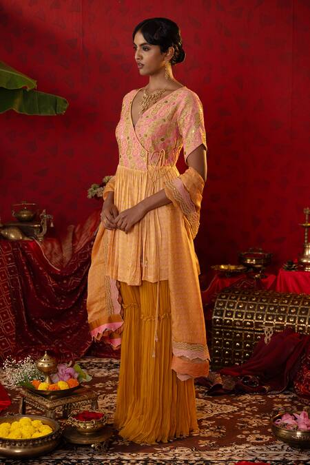 Shop Pooja Bagaria Gold Satin, Organza, Linen Blossom Ajrakh Print Short Angrakha Anarkali Set Online at Aza Fashions Shop_Pooja Bagaria_Gold Satin, Organza, Linen Blossom Ajrakh Print Short Angrakha Anarkali Set _Online_at_Aza_Fashions