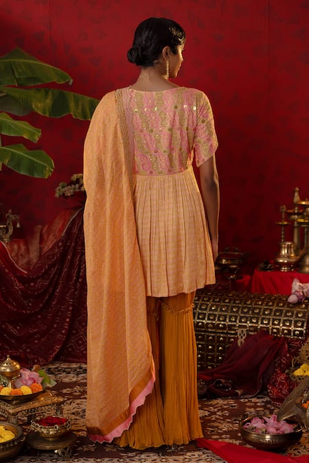 Shop Pooja Bagaria Gold Satin, Organza, Linen Blossom Ajrakh Print Short Angrakha Anarkali Set at Aza Fashions Shop_Pooja Bagaria_Gold Satin, Organza, Linen Blossom Ajrakh Print Short Angrakha Anarkali Set _at_Aza_Fashions
