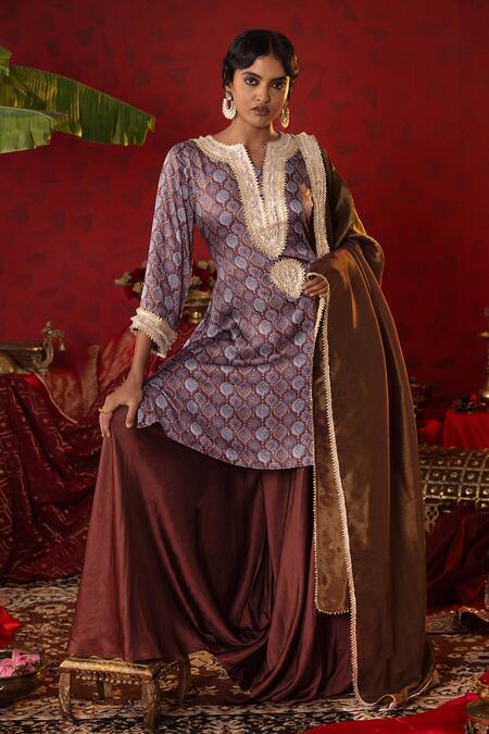 Pooja Bagaria Blue Satin, Organza Gota Patti Split Jaal Ajrakh Print Kurta Flared Pant Set Online at Aza Fashions Pooja Bagaria_Blue Satin, Organza Gota Patti Split Jaal Ajrakh Print Kurta Flared Pant Set _Online_at_Aza_Fashions