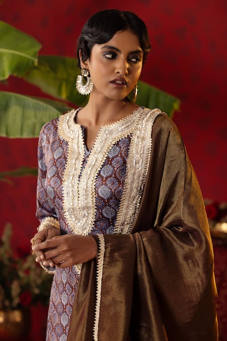 Buy Pooja Bagaria Blue Satin, Organza Gota Patti Split Jaal Ajrakh Print Kurta Flared Pant Set Online at Aza Fashions Buy_Pooja Bagaria_Blue Satin, Organza Gota Patti Split Jaal Ajrakh Print Kurta Flared Pant Set _Online_at_Aza_Fashions