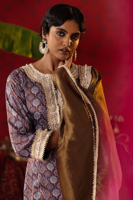 Shop Pooja Bagaria Blue Satin, Organza Gota Patti Split Jaal Ajrakh Print Kurta Flared Pant Set Online at Aza Fashions Shop_Pooja Bagaria_Blue Satin, Organza Gota Patti Split Jaal Ajrakh Print Kurta Flared Pant Set _Online_at_Aza_Fashions