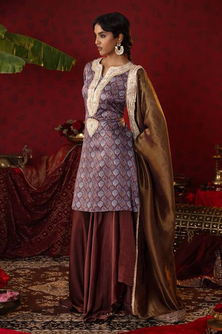 Pooja Bagaria Blue Satin, Organza Gota Patti Split Jaal Ajrakh Print Kurta Flared Pant Set at Aza Fashions Pooja Bagaria_Blue Satin, Organza Gota Patti Split Jaal Ajrakh Print Kurta Flared Pant Set _at_Aza_Fashions