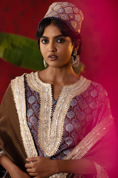 Buy Pooja Bagaria Blue Satin, Organza Gota Patti Split Jaal Ajrakh Print Kurta Flared Pant Set Buy_Pooja Bagaria_Blue Satin, Organza Gota Patti Split Jaal Ajrakh Print Kurta Flared Pant Set