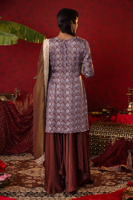 Shop Pooja Bagaria Blue Satin, Organza Gota Patti Split Jaal Ajrakh Print Kurta Flared Pant Set at Aza Fashions Shop_Pooja Bagaria_Blue Satin, Organza Gota Patti Split Jaal Ajrakh Print Kurta Flared Pant Set _at_Aza_Fashions