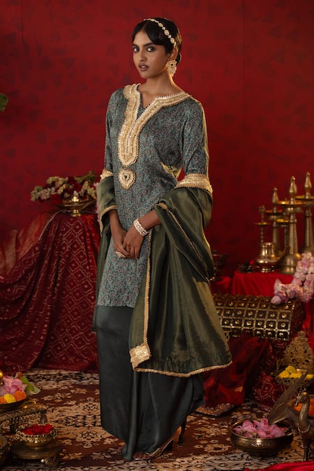 Pooja Bagaria_Emerald Green Satin, Organza, Linen Floral Ajrakh Print Kurta Flared Pant Set _Online_at_Aza_Fashions