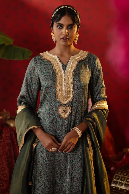 Buy_Pooja Bagaria_Emerald Green Satin, Organza, Linen Floral Ajrakh Print Kurta Flared Pant Set _Online_at_Aza_Fashions