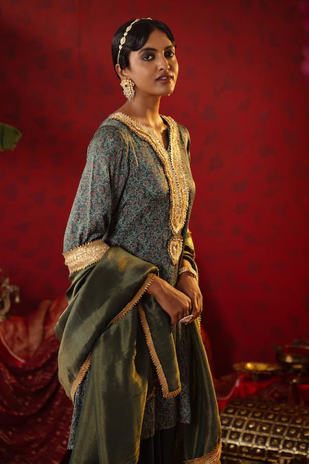 Shop_Pooja Bagaria_Emerald Green Satin, Organza, Linen Floral Ajrakh Print Kurta Flared Pant Set _Online_at_Aza_Fashions