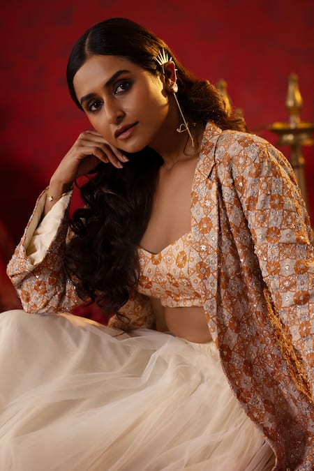 Pooja Bagaria_White Tulle, Linen Sequins, Cut Work, Solid Lehenga Ajrakh Print Blazer Set _at_Aza_Fashions