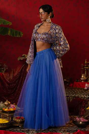 Pooja Bagaria_Blue Linen, Tulle, Net Sequins, Cut Solid Lehenga Floral Ajrakh Print Blazer Set_Online_at_Aza_Fashions