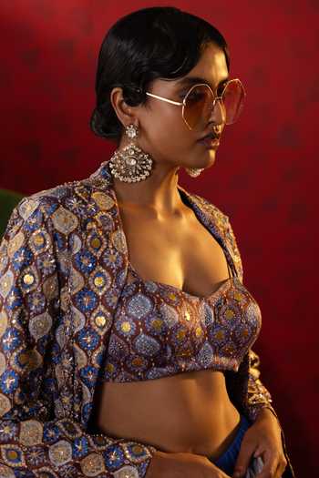 Buy_Pooja Bagaria_Blue Linen, Tulle, Net Sequins, Cut Solid Lehenga Floral Ajrakh Print Blazer Set_Online_at_Aza_Fashions