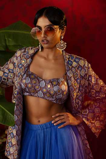 Shop_Pooja Bagaria_Blue Linen, Tulle, Net Sequins, Cut Solid Lehenga Floral Ajrakh Print Blazer Set_Online_at_Aza_Fashions