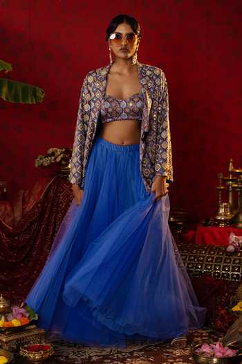Pooja Bagaria_Blue Linen, Tulle, Net Sequins, Cut Solid Lehenga Floral Ajrakh Print Blazer Set_at_Aza_Fashions