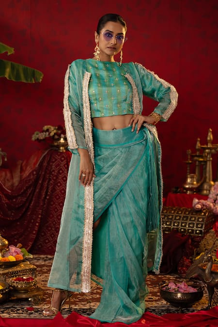 Pooja Bagaria Blue Natural Tissue Embellished Metallic Pre-stitched Saree Gota Jacket Set 