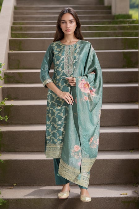 Samyukta Singhania Green Kurta Tissue Woven Floral Jaal Round Flower Pattern Straight Pant Set 