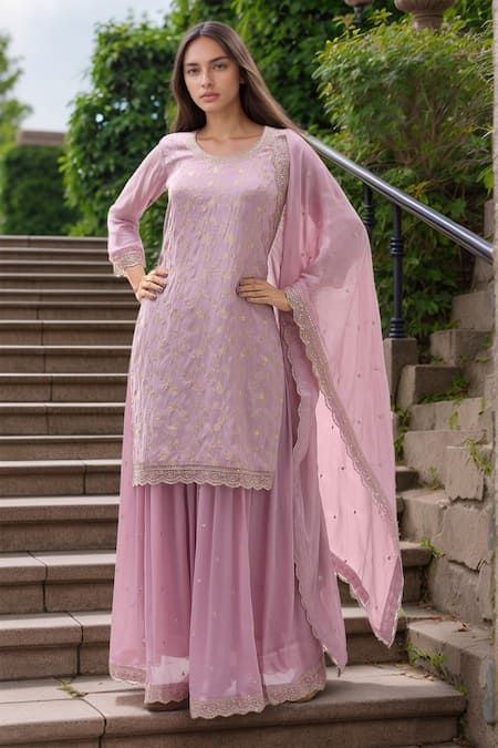 Samyukta Singhania Pink Chinon Jaal Round Floral Work Kurta Sharara Set 