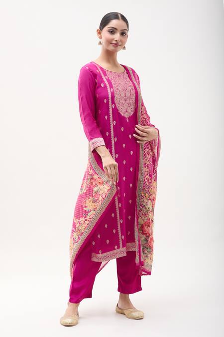 Samyukta Singhania Magenta Muslin, Satin Sequins Round Neck Paisley Yoke Pattern Kurta Pant Set at Aza Fashions Samyukta Singhania_Magenta Muslin, Satin Sequins Round Neck Paisley Yoke Pattern Kurta Pant Set_at_Aza_Fashions