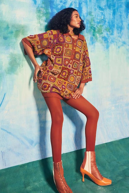 Capisvirleo_Orange Handloom Hand Crochet Collared Anara Shirt _at_Aza_Fashions