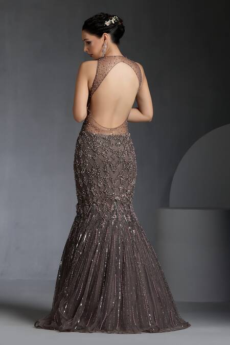 Shop Chaashni By Maansi And Ketan Grey Net Pearls, Sequins, Beads Round Neck Embroidered Fishcut Gown at Aza Fashions Shop_Chaashni By Maansi And Ketan_Grey Net Pearls, Sequins, Beads Round Neck Embroidered Fishcut Gown_at_Aza_Fashions