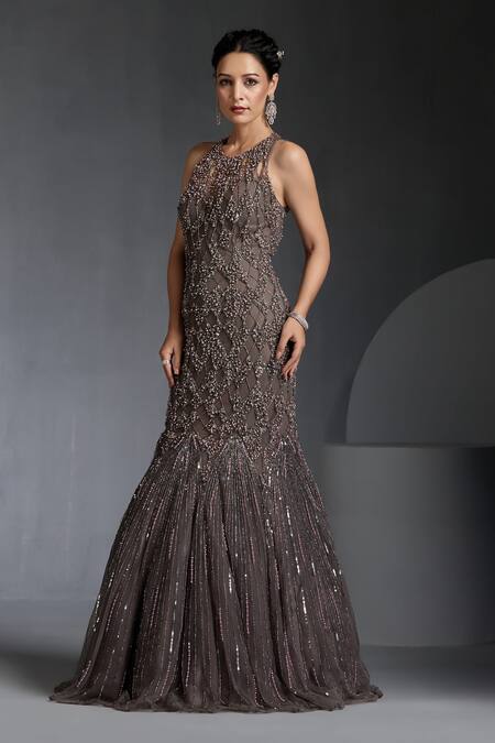 Chaashni By Maansi And Ketan Grey Net Pearls, Sequins, Beads Round Neck Embroidered Fishcut Gown Online at Aza Fashions Chaashni By Maansi And Ketan_Grey Net Pearls, Sequins, Beads Round Neck Embroidered Fishcut Gown_Online_at_Aza_Fashions
