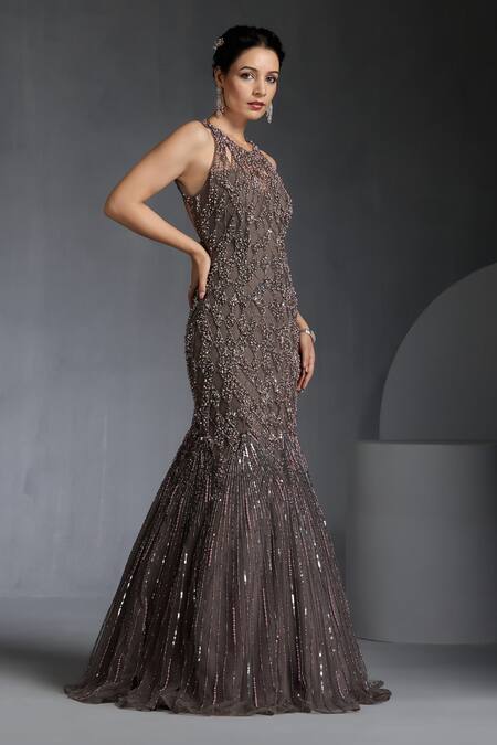 Buy Chaashni By Maansi And Ketan Grey Net Pearls, Sequins, Beads Round Neck Embroidered Fishcut Gown Online at Aza Fashions Buy_Chaashni By Maansi And Ketan_Grey Net Pearls, Sequins, Beads Round Neck Embroidered Fishcut Gown_Online_at_Aza_Fashions