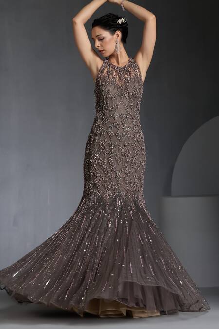 Shop Chaashni By Maansi And Ketan Grey Net Pearls, Sequins, Beads Round Neck Embroidered Fishcut Gown Online at Aza Fashions Shop_Chaashni By Maansi And Ketan_Grey Net Pearls, Sequins, Beads Round Neck Embroidered Fishcut Gown_Online_at_Aza_Fashions
