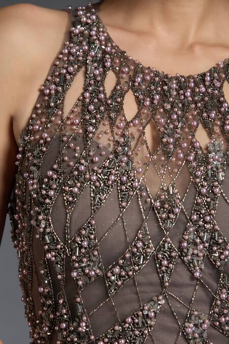 Chaashni By Maansi And Ketan Grey Net Pearls, Sequins, Beads Round Neck Embroidered Fishcut Gown at Aza Fashions Chaashni By Maansi And Ketan_Grey Net Pearls, Sequins, Beads Round Neck Embroidered Fishcut Gown_at_Aza_Fashions