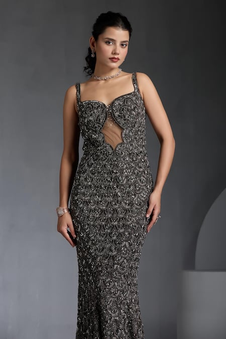 Chaashni By Maansi And Ketan_Grey Net, Lycra Sequins, Beads, Stones Embroidered Backless Gown _Online_at_Aza_Fashions