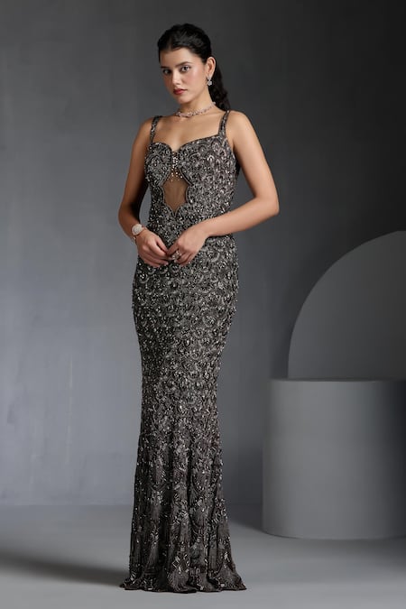 Buy_Chaashni By Maansi And Ketan_Grey Net, Lycra Sequins, Beads, Stones Embroidered Backless Gown _Online_at_Aza_Fashions