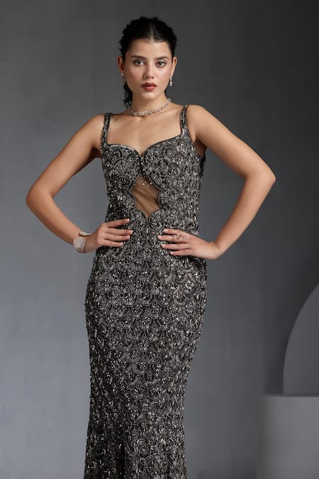 Shop_Chaashni By Maansi And Ketan_Grey Net, Lycra Sequins, Beads, Stones Embroidered Backless Gown _Online_at_Aza_Fashions