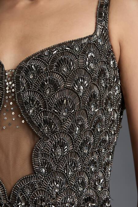 Chaashni By Maansi And Ketan_Grey Net, Lycra Sequins, Beads, Stones Embroidered Backless Gown _at_Aza_Fashions