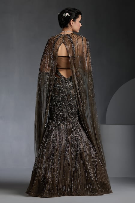 Chaashni By Maansi And Ketan Bead Embroidered Fishcut Gown With Cape 